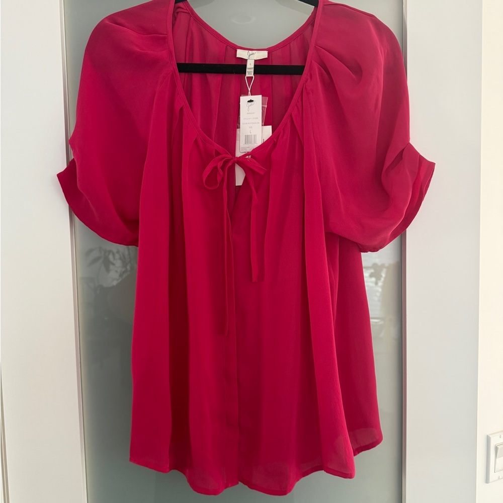 Joie 100% Silk Watermelon Fuchsia Short-Sleeve Blouse with Tie-Front